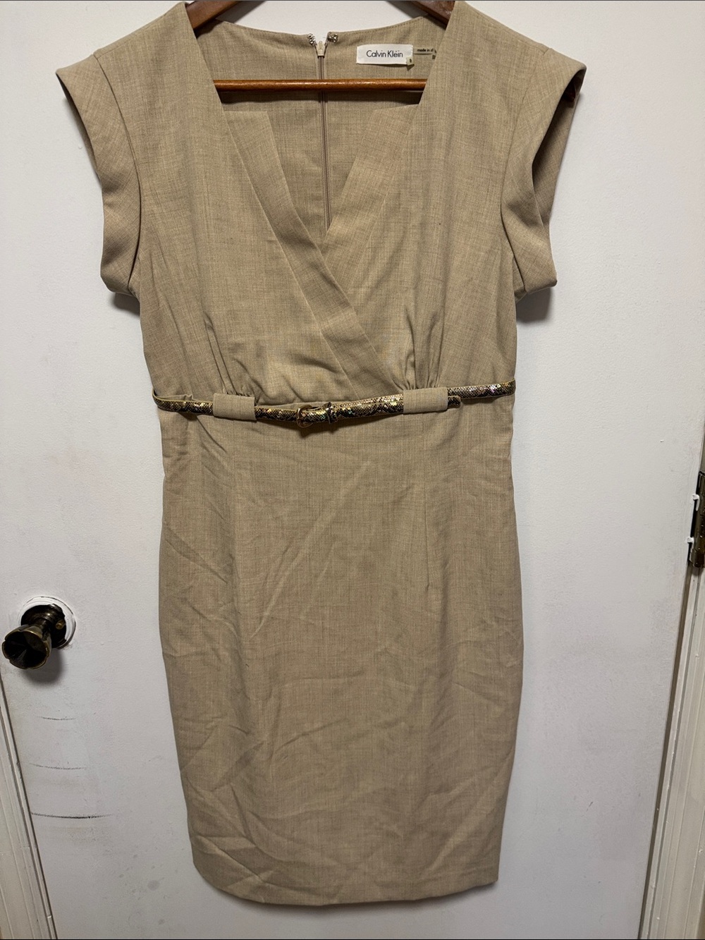 Calvin Klein Tan Beige Midi Sheath Dress with Metallic Accent Belt